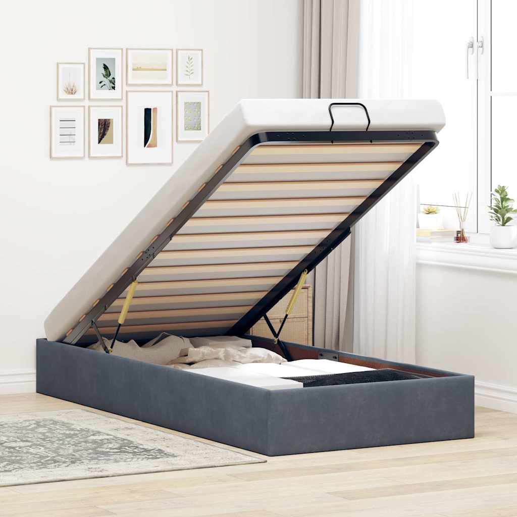 Sommier coffre en velours gris foncé à relevage hydraulique
