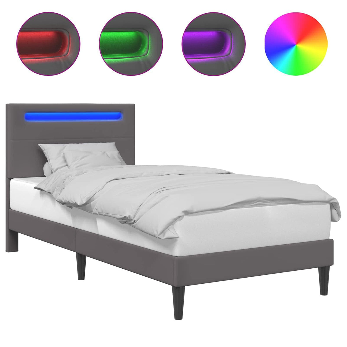 Lit en similicuir gris avec tête de lit et bandes LED allumées