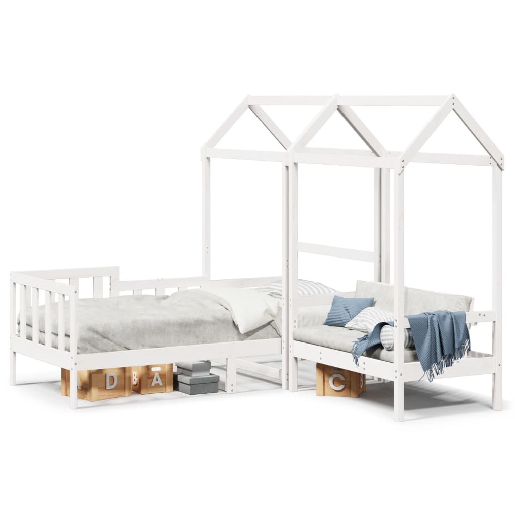 Lit de jour cabane blanc avec banc intégré, adapté à une chambre d’enfant