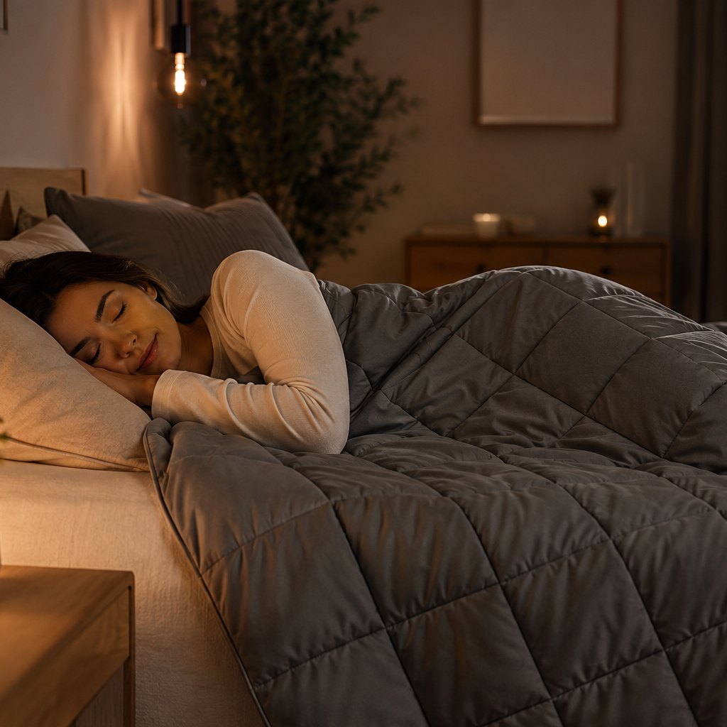 Nuit paisible sous une couverture lestée à la lumière d'une lampe chaude
