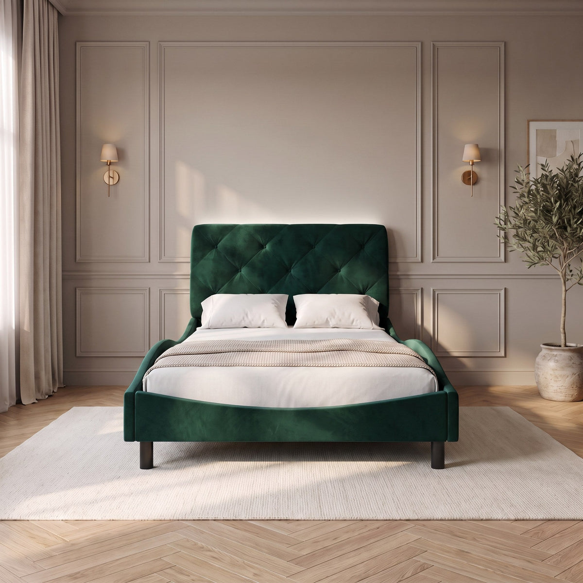 Lit avec tête de lit en velours vert foncé et éclairage LED dans une chambre