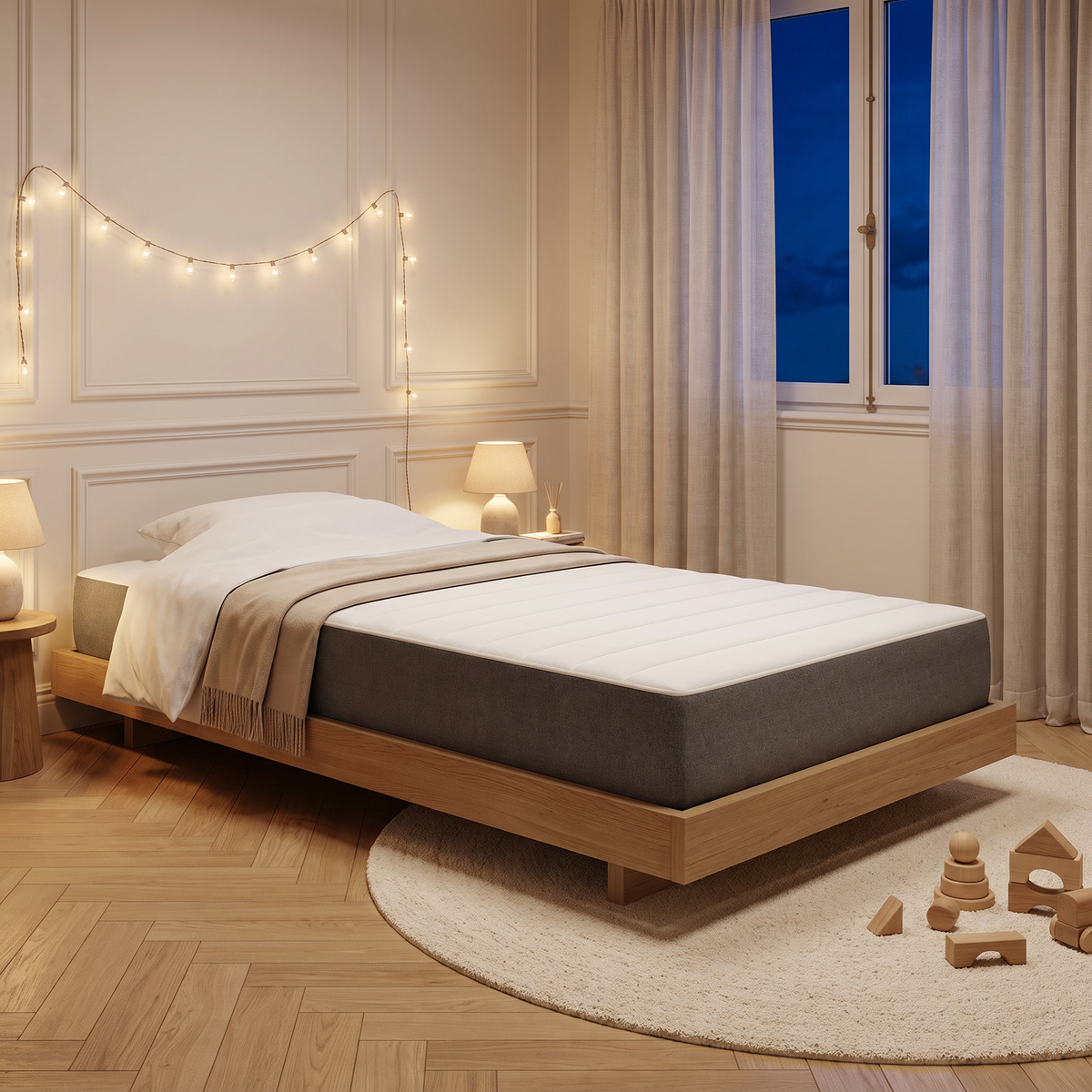 Matelas enfant à ressorts ensachés 80 x 160 cm, mi-ferme gris foncé, ambiance du soir lampes allumées dans une chambre d'enfant