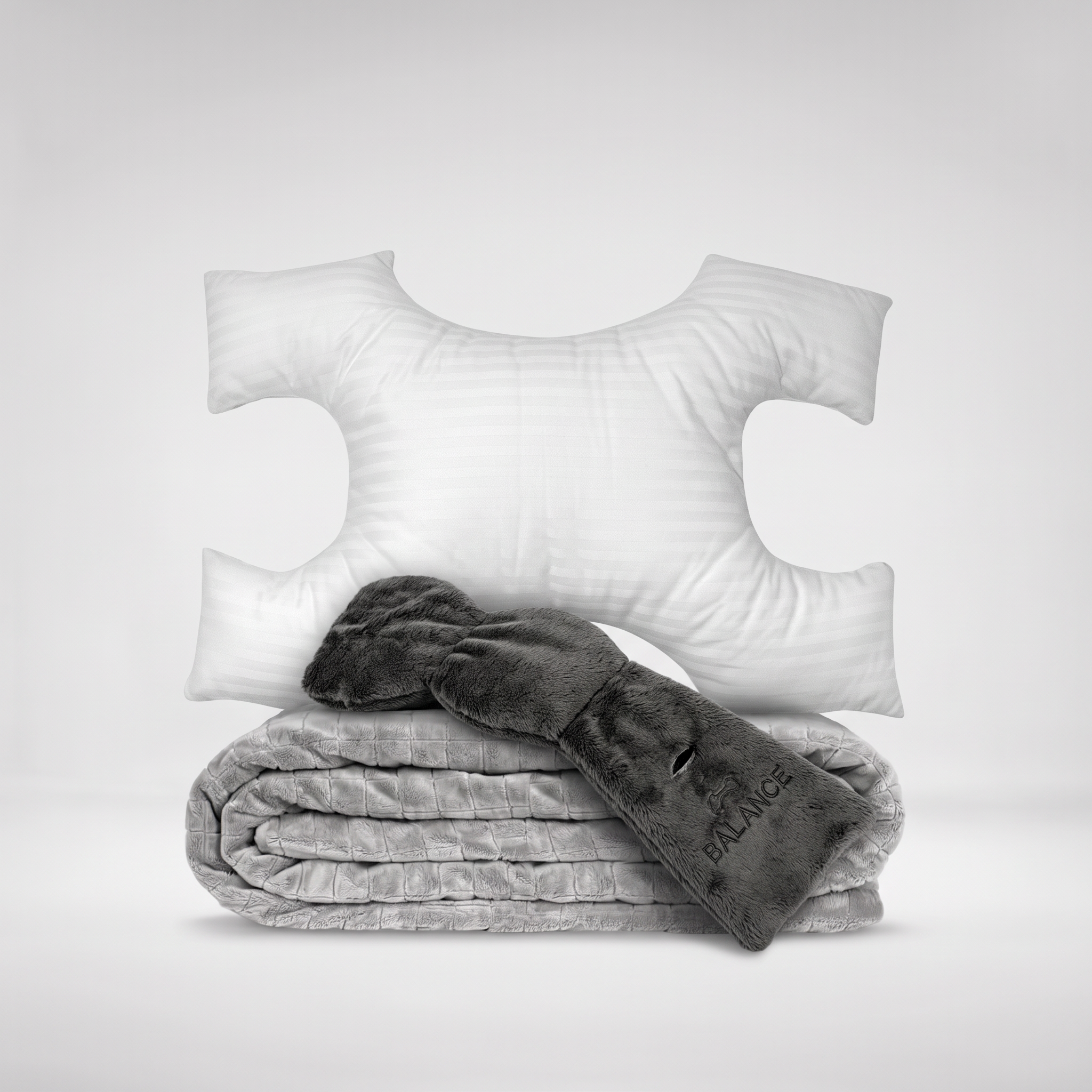 Pack Nuit a Deux : couverture lestee DUO, oreiller anti-rides en satin et bandeau leste, fond gris