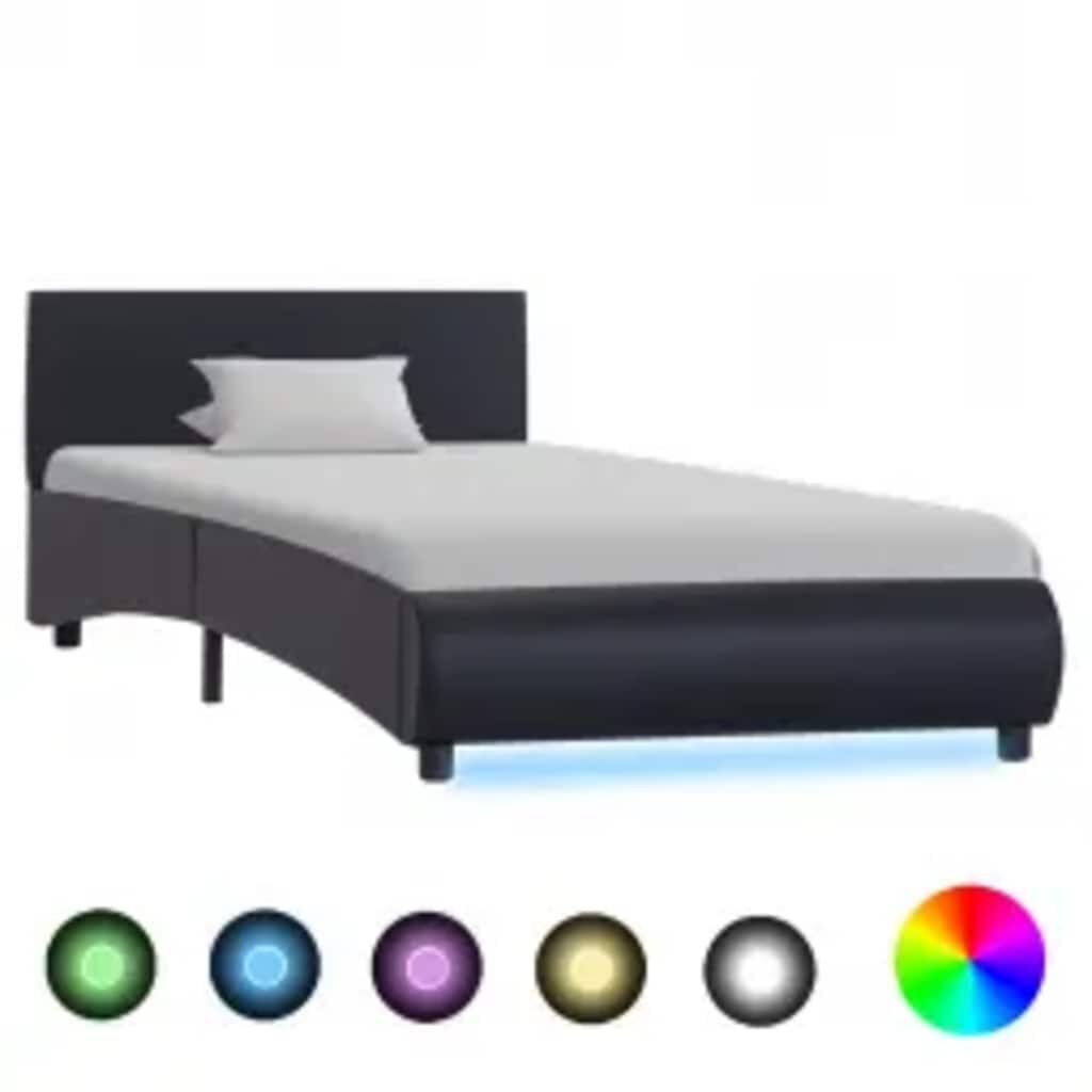 Sommier en similicuir noir avec LED et télécommande, photo produit avec les couleurs de l'éclairage LED #Couleur_Noir