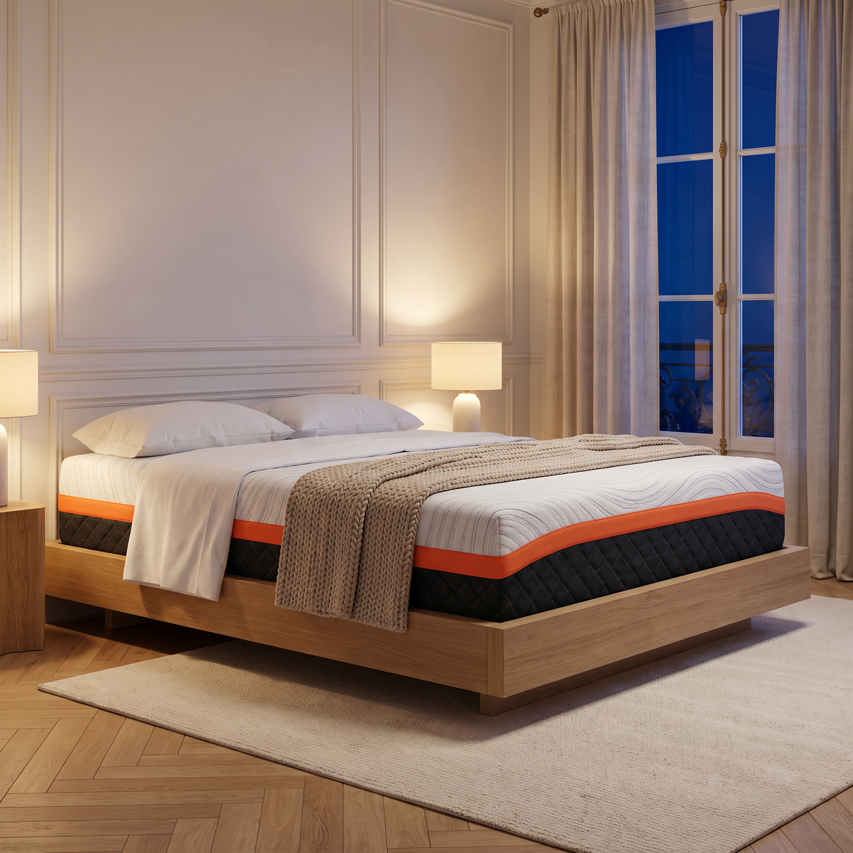 Matelas hybride en jacquard, mémoire de forme gel, ambiance du soir avec lampes de chevet allumées, vue de trois quarts #Épaisseur_20 cm