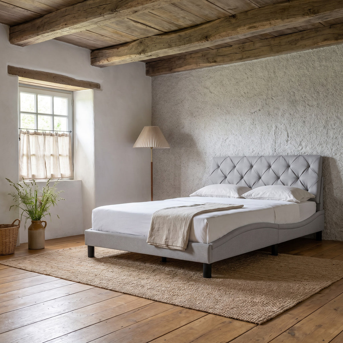 Sommier en tissu avec éclairage LED gris clair, chambre de jour #Couleur_Gris clair