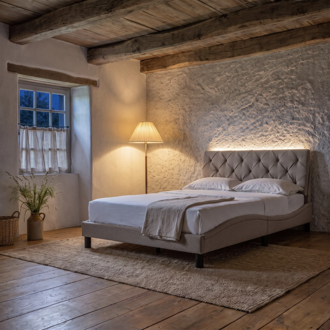 Sommier en tissu avec éclairage LED taupe, chambre de nuit