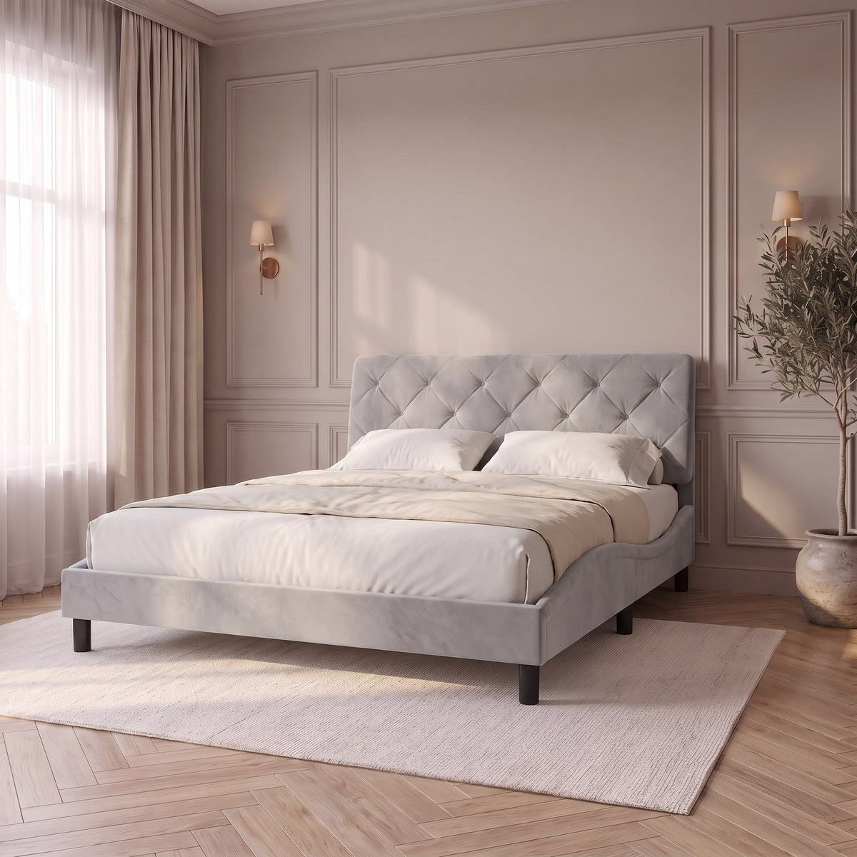 Sommier en velours avec éclairage LED gris clair, chambre de jour #Couleur_Gris clair