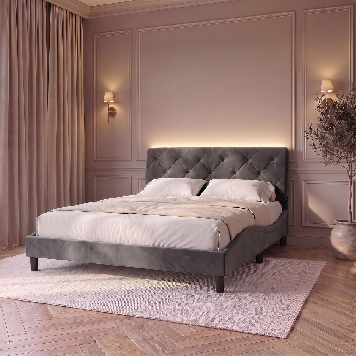 Sommier en velours avec éclairage LED gris foncé, chambre de nuit avec la LED du haut de la tête de lit allumée