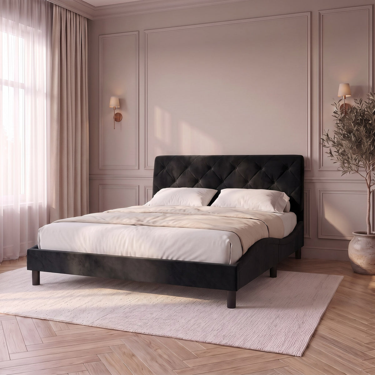 Sommier en velours avec éclairage LED noir, chambre de jour