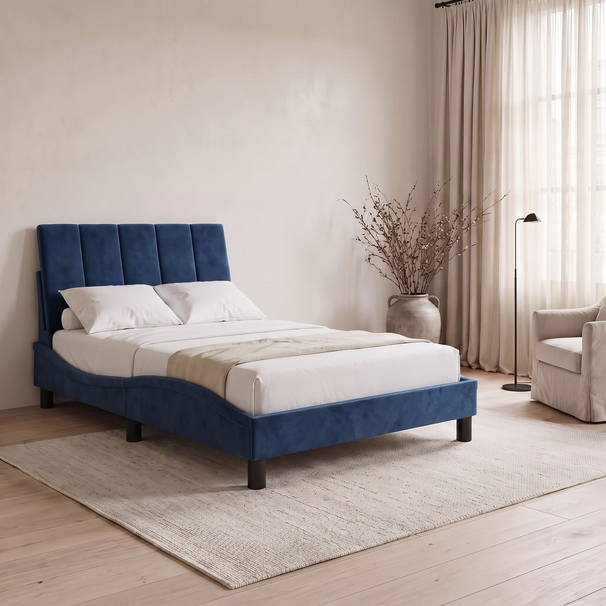 Sommier en velours avec LED, tête de lit fine, bleu, chambre de jour