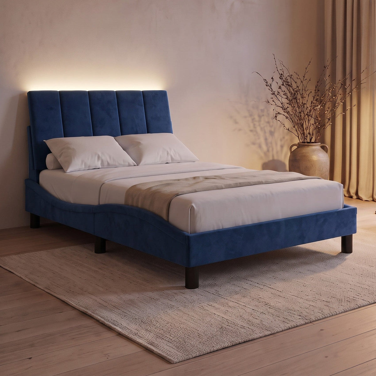 Sommier en velours avec LED, tête de lit fine, bleu, chambre de nuit