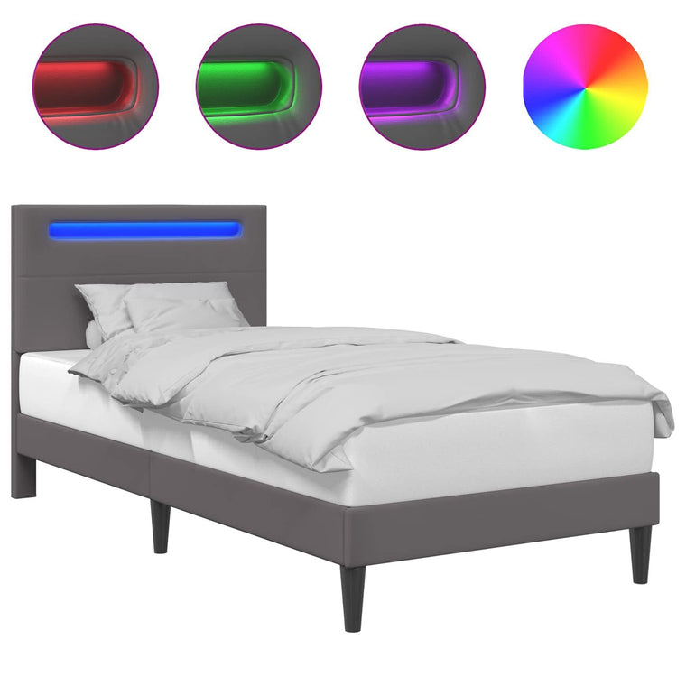 Lit en similicuir gris avec tête de lit et bandes LED allumées