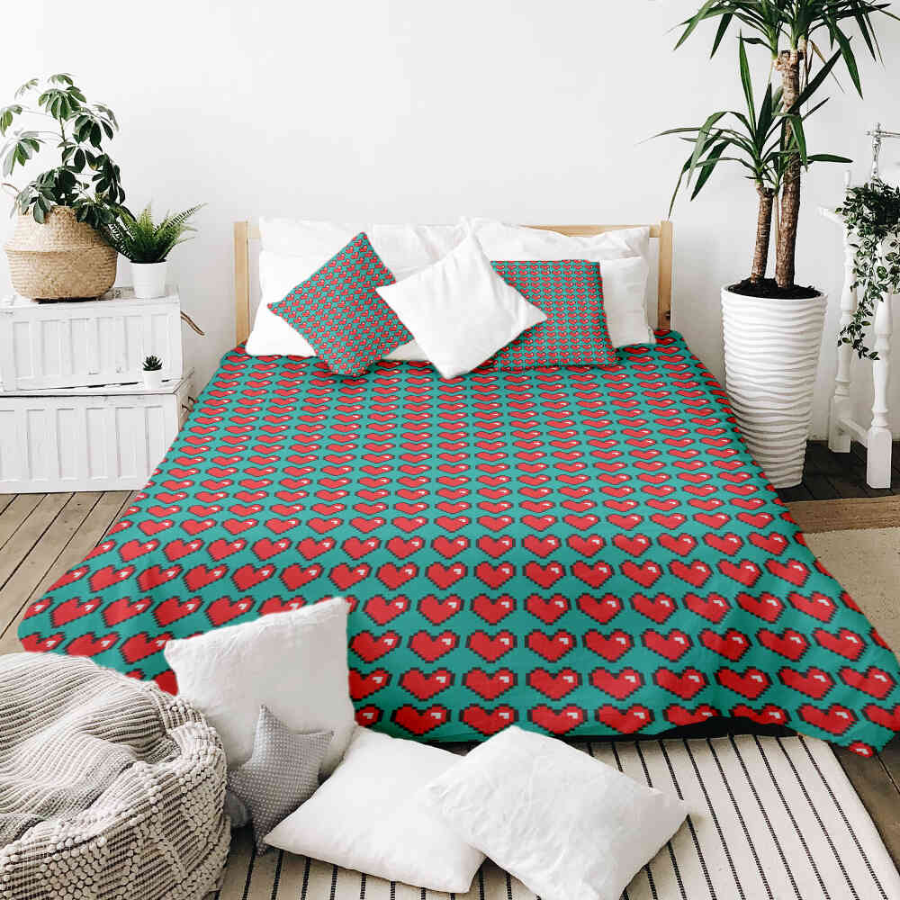 Housse à motifs pour couverture lestée, motif L amour du jeu, sur un lit