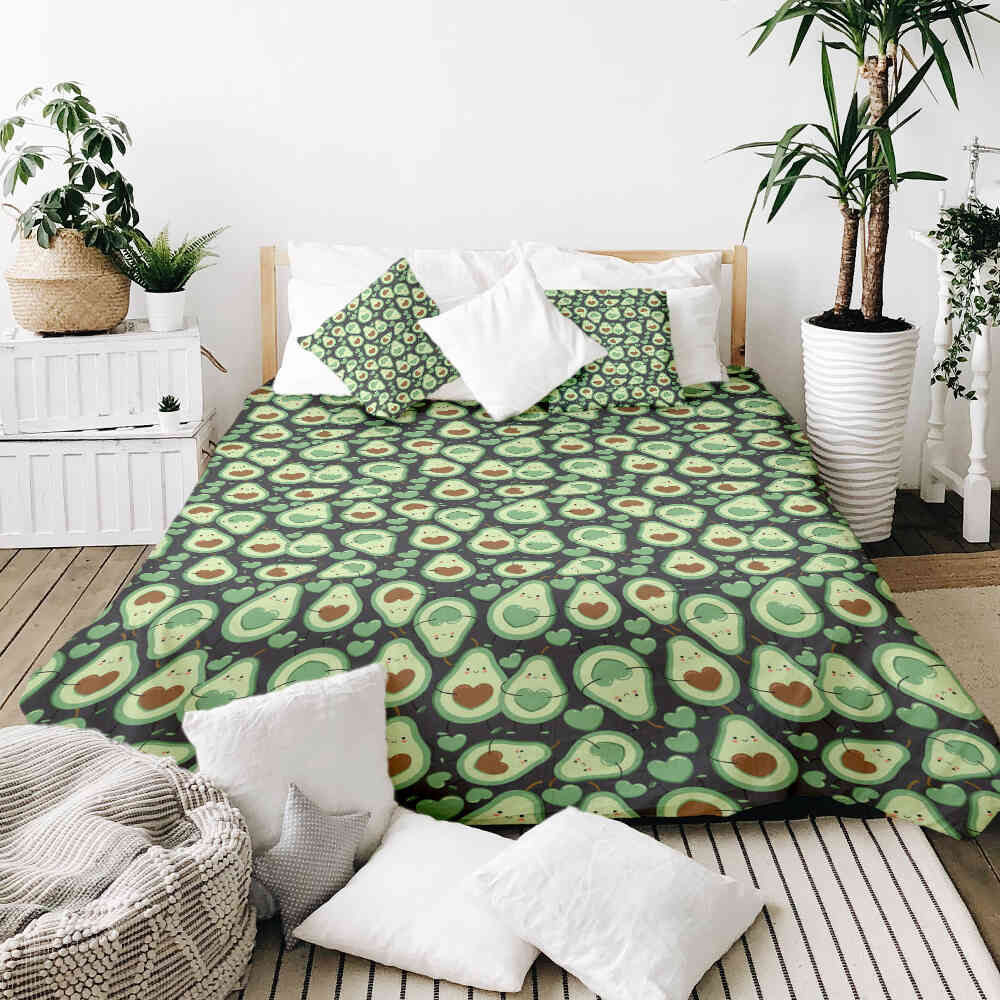 Housse à motifs pour couverture lestée, motif Avocat, sur un lit