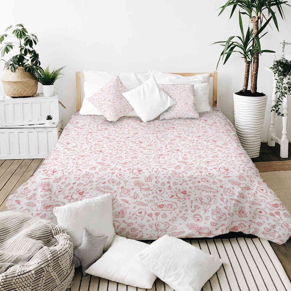 Housse à motifs pour couverture lestée, motif Cahier, sur un lit