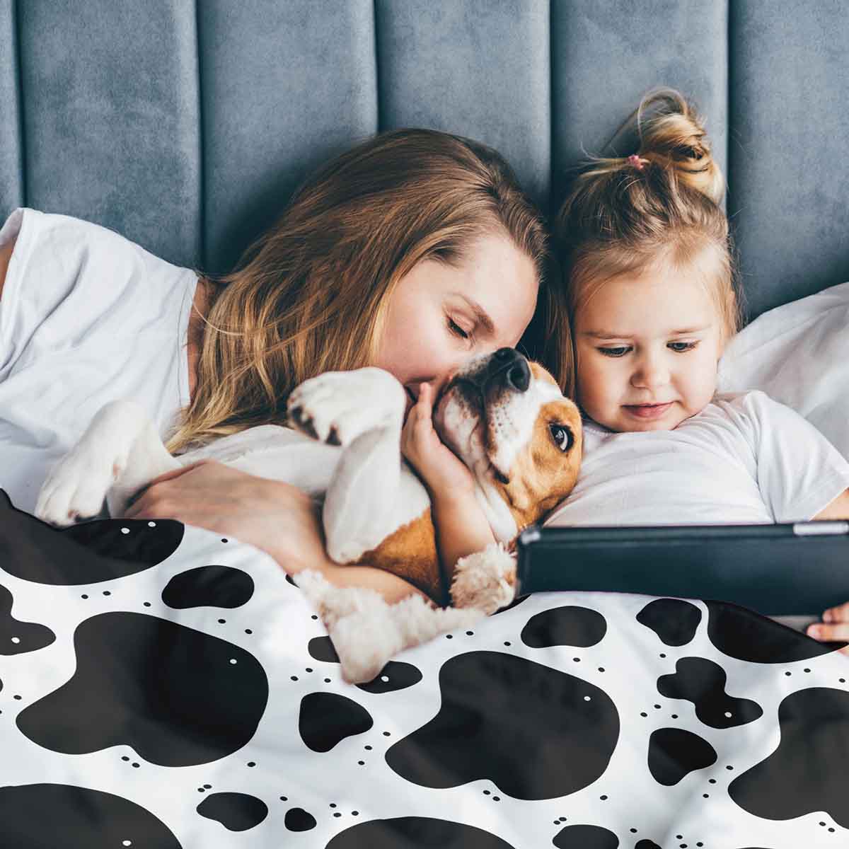 Housse à motifs pour couverture lestée enfant, imprimé Vachette, moment de lecture partagé