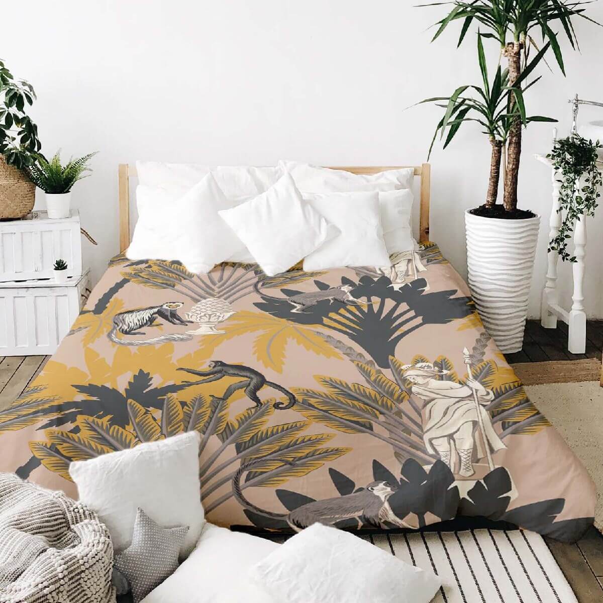 Housse à motifs pour couverture lestée, motif Floral grec, sur un lit