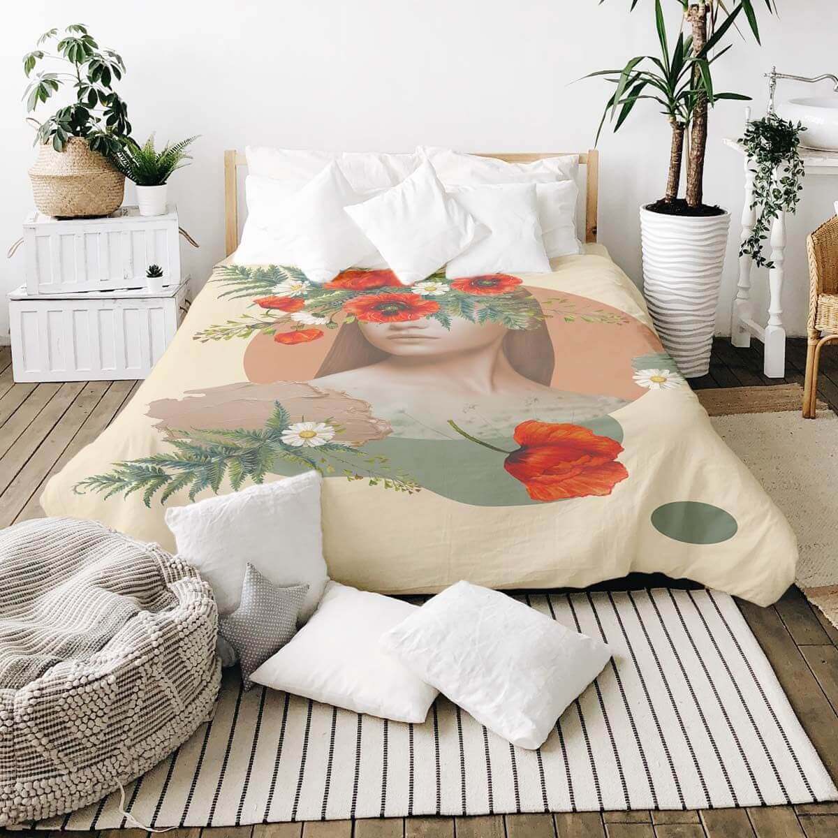 Housse à motifs pour couverture lestée, motif Coquelicots, sur un lit