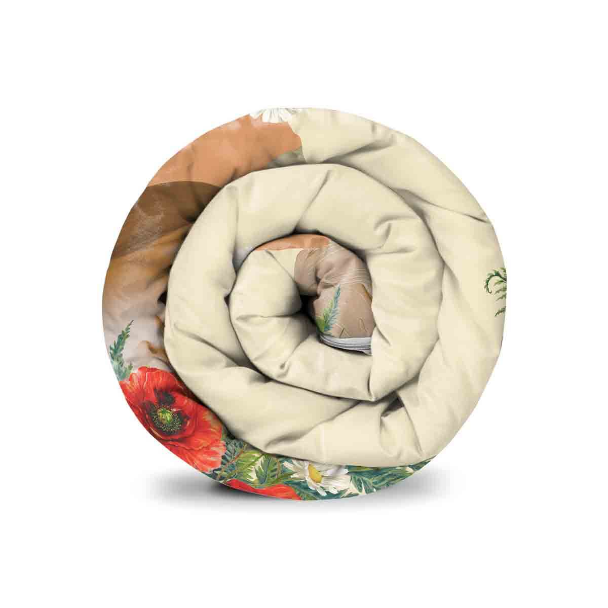 Housse à motifs pour couverture lestée, motif Coquelicots, sur un lit