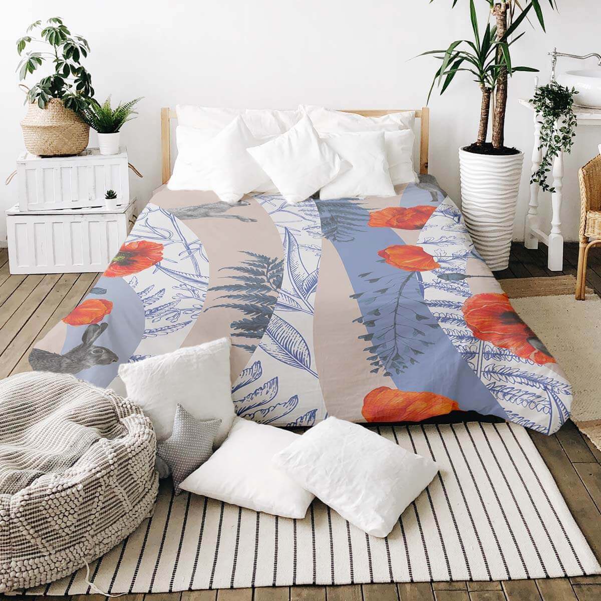 Housse à motifs pour couverture lestée, motif Printemps, sur un lit