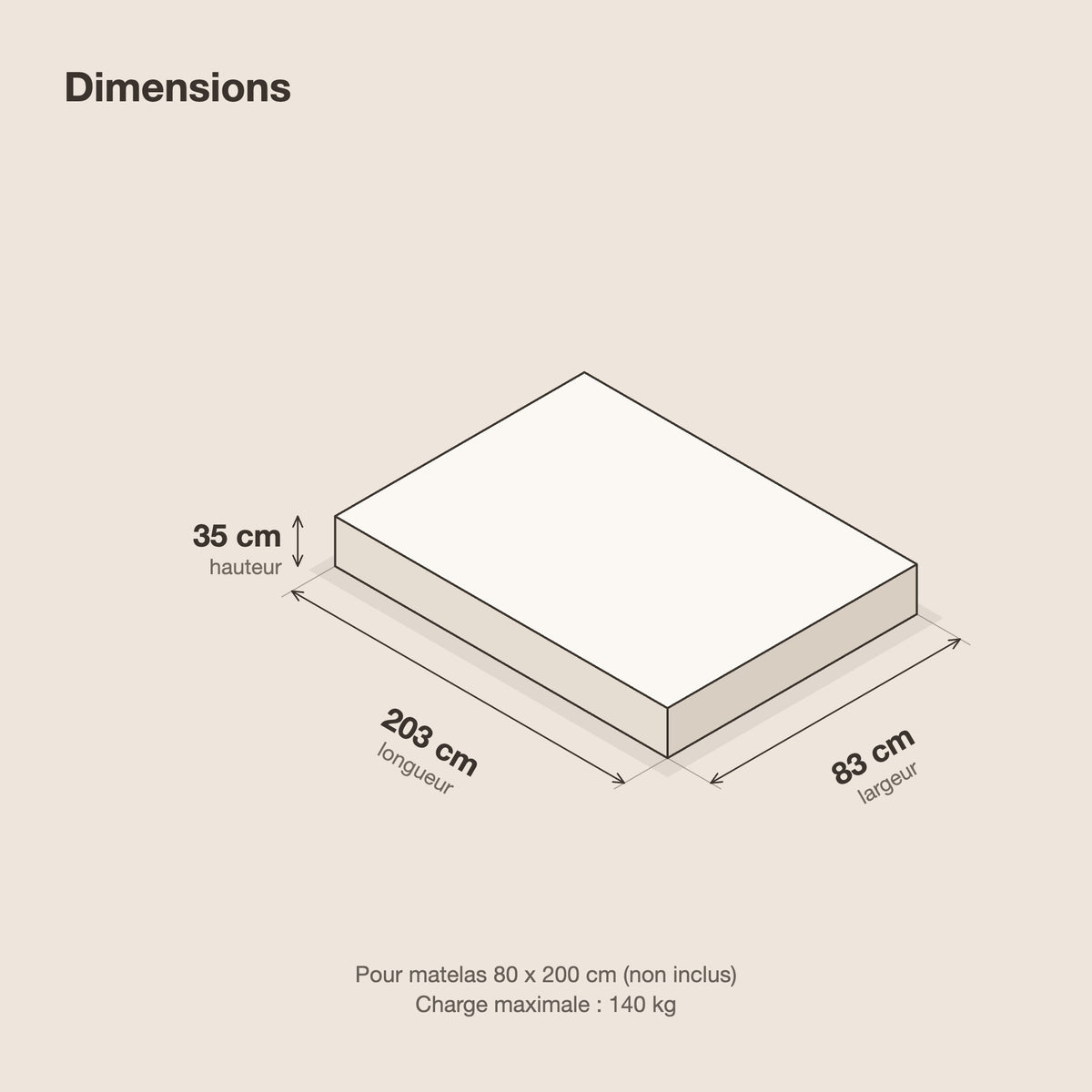 Lit plateforme avec niches de rangement, 80 x 200 cm, schéma des dimensions