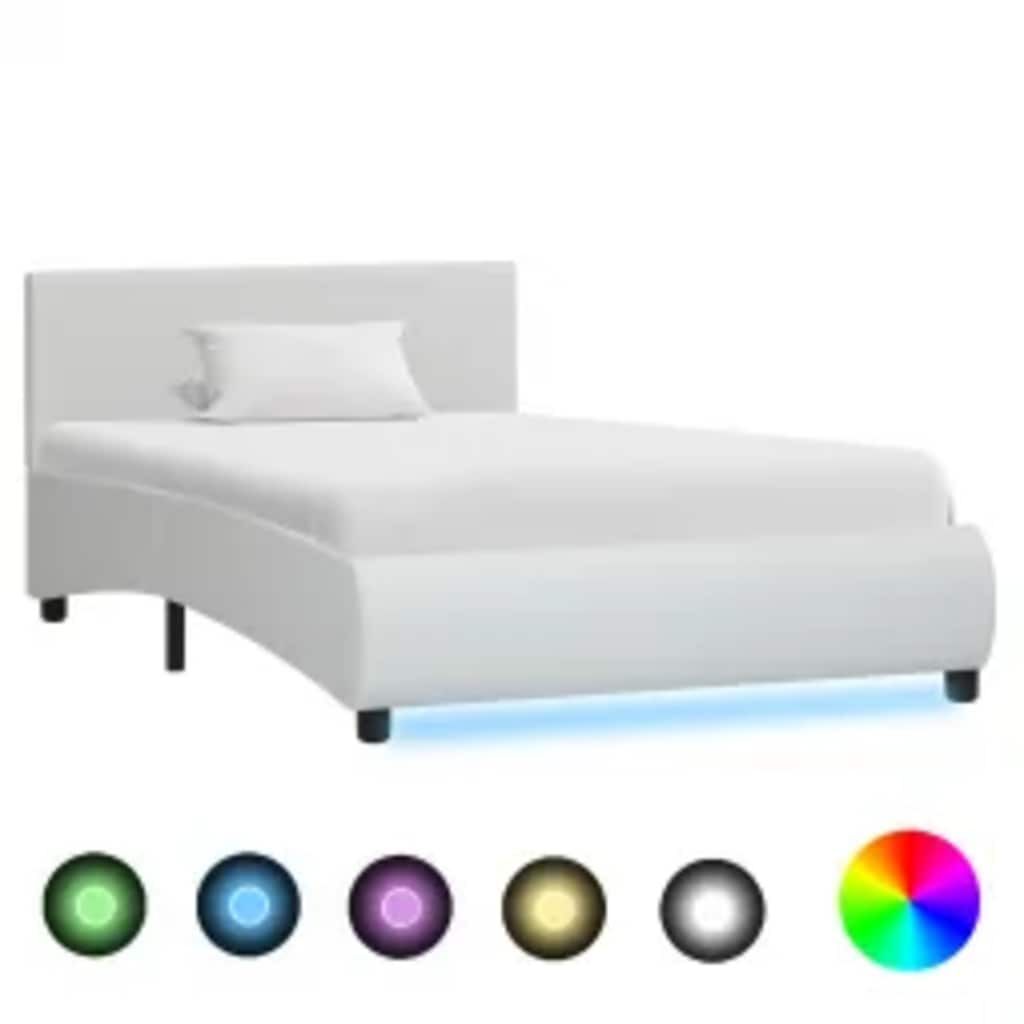 Sommier en similicuir blanc avec LED et télécommande, photo produit avec éclairage LED