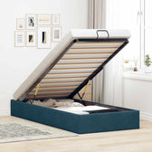 Sommier coffre en velours bleu foncé à relevage hydraulique, photo produit #Couleur_Bleu foncé