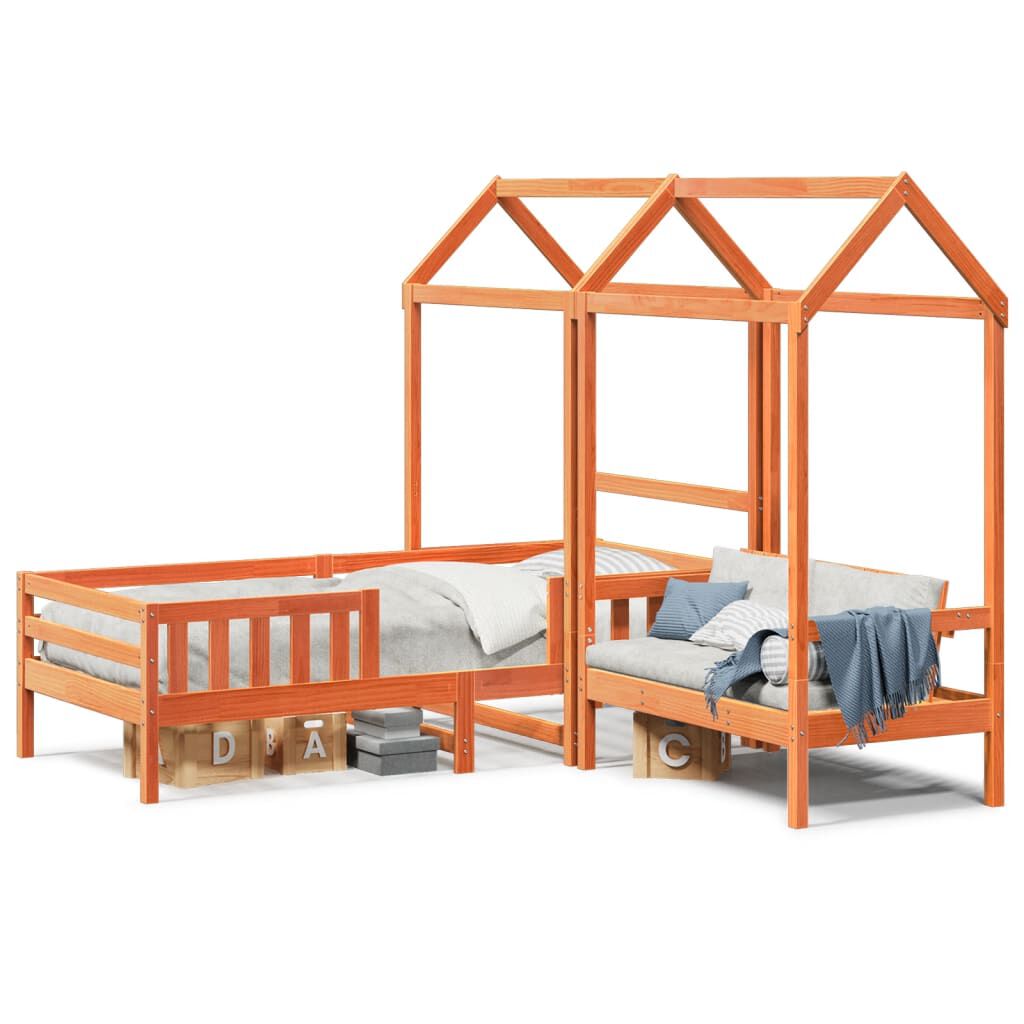 Lit cabane avec banc et toit #Finition_Cire marron