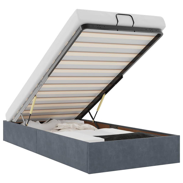 Sommier coffre en velours gris foncé à relevage hydraulique, coffre de rangement ouvert #Couleur_Gris foncé
