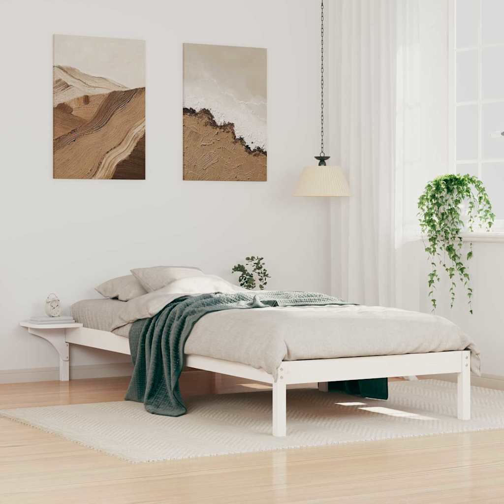 Sommier en pin massif avec tables de chevet intégrées, coloris blanc, photo produit, deuxième vue