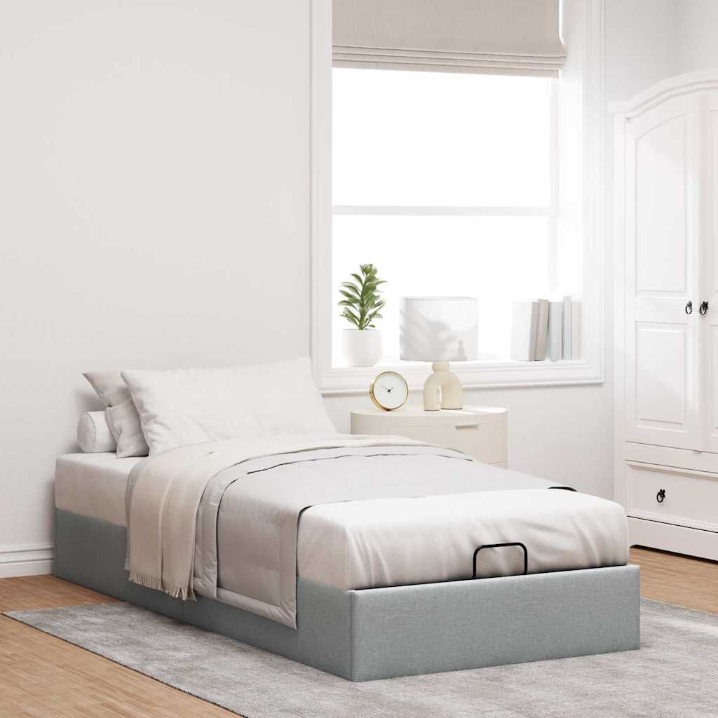 Sommier coffre en tissu gris clair, coffre fermé, photo produit