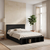 Lit avec tête de lit réglable et niches de rangement, noir, chambre de jour