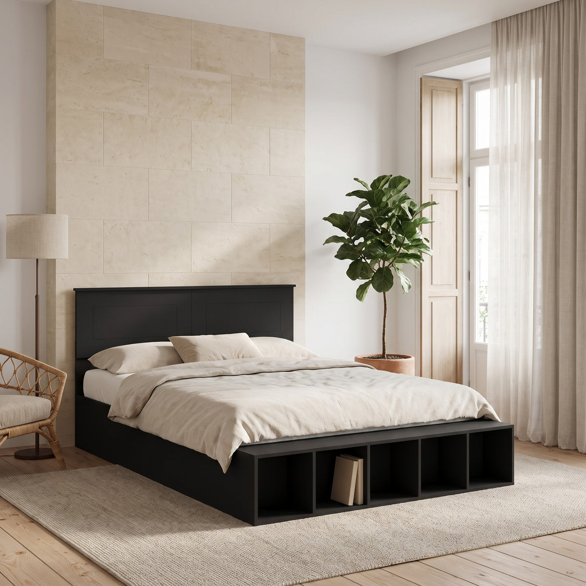 Lit avec tête de lit réglable et niches de rangement, noir, chambre de jour