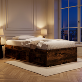 Lit plateforme avec niches de rangement, 80 x 200 cm chêne fumé, vue 3/4 de nuit avec lampes de chevet allumées #Finition_Chêne fumé