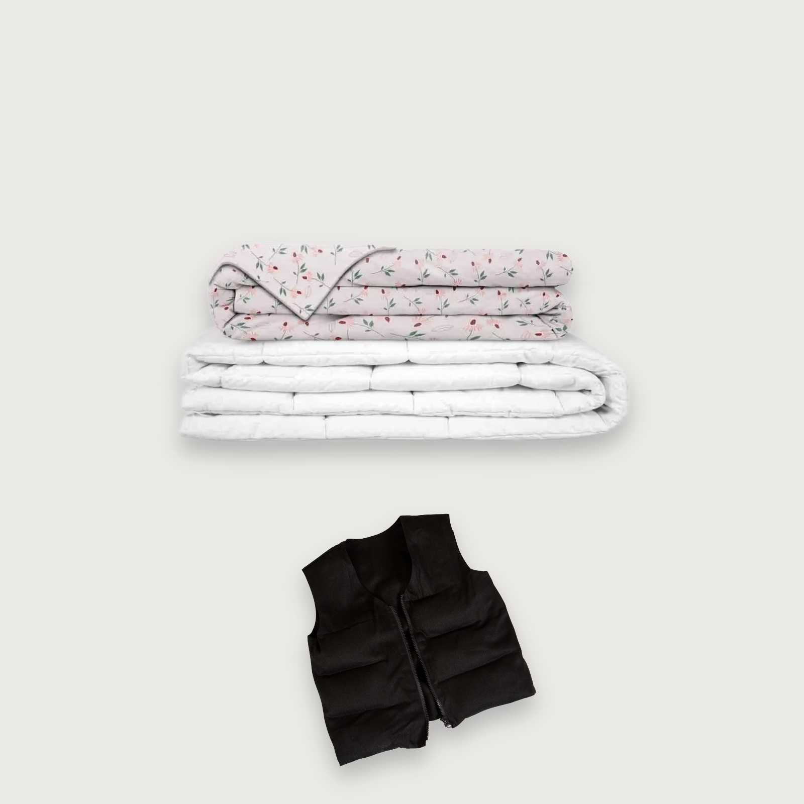 Pack Sommeil Serein des Enfants : couverture lestee a motifs, housse et gilet leste, fond gris