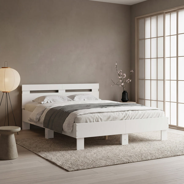 Sommier en bois avec tête de lit et LED, chambre de jour #Finition_Blanc