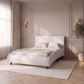 Sommier en similicuir blanc avec LED et télécommande, vue de trois quarts dans une chambre #Couleur_Blanc