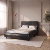 Sommier en similicuir noir avec LED et télécommande, vue de trois quarts dans une chambre #Couleur_Noir