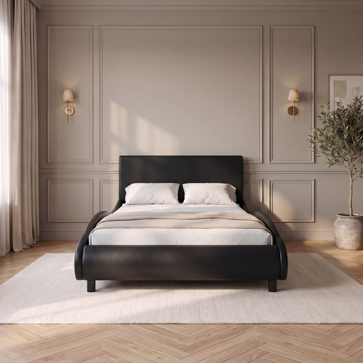 Sommier en similicuir noir avec LED et télécommande, vue de face dans une chambre