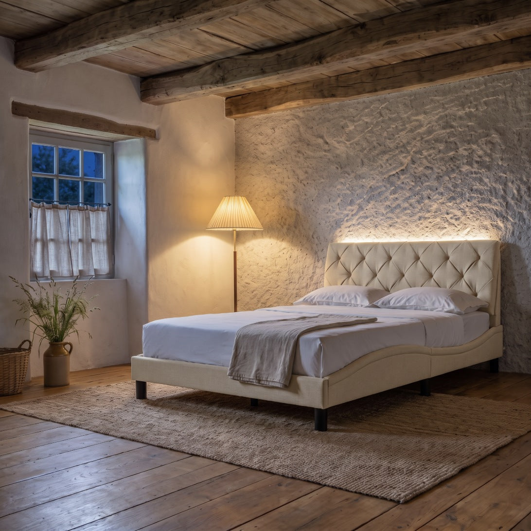 Sommier en tissu avec éclairage LED crème, chambre de nuit