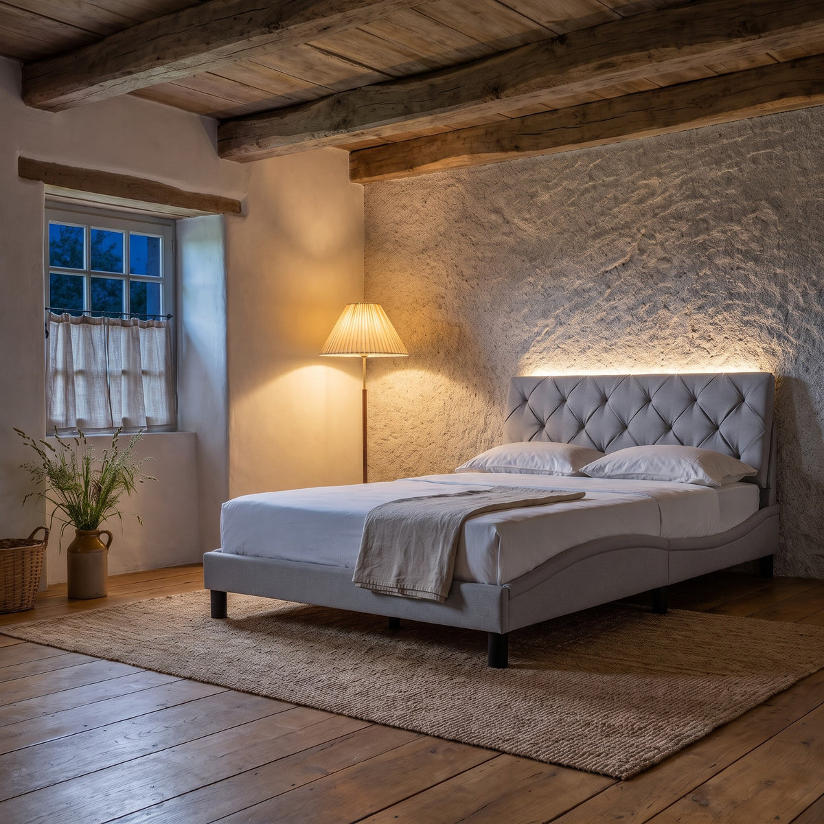 Sommier en tissu avec éclairage LED gris clair, chambre de nuit #Couleur_Gris clair