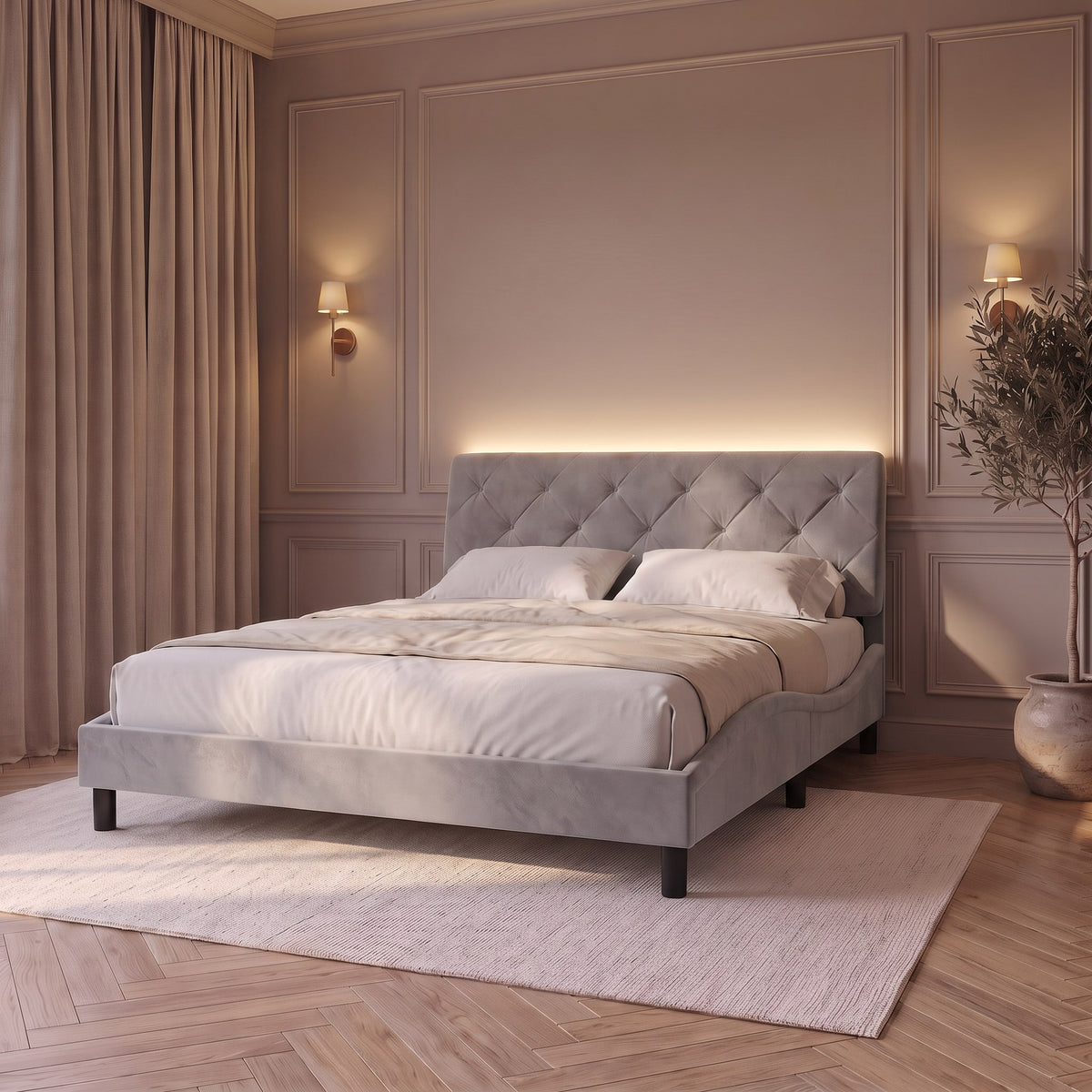 Sommier en velours avec éclairage LED gris clair, chambre de nuit avec la LED du haut de la tête de lit allumée #Couleur_Gris clair