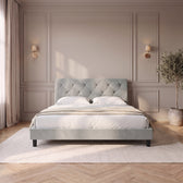 Sommier en velours avec éclairage LED gris clair, vue de face dans une chambre #Couleur_Gris clair