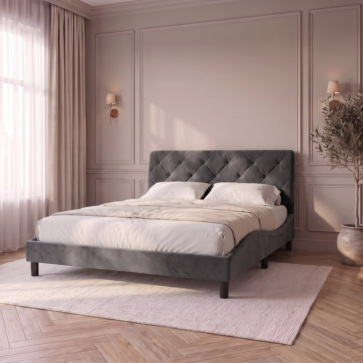 Sommier en velours avec éclairage LED gris foncé, chambre de jour