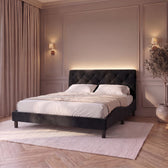 Sommier en velours avec éclairage LED noir, chambre de nuit avec la LED du haut de la tête de lit allumée #Couleur_Noir
