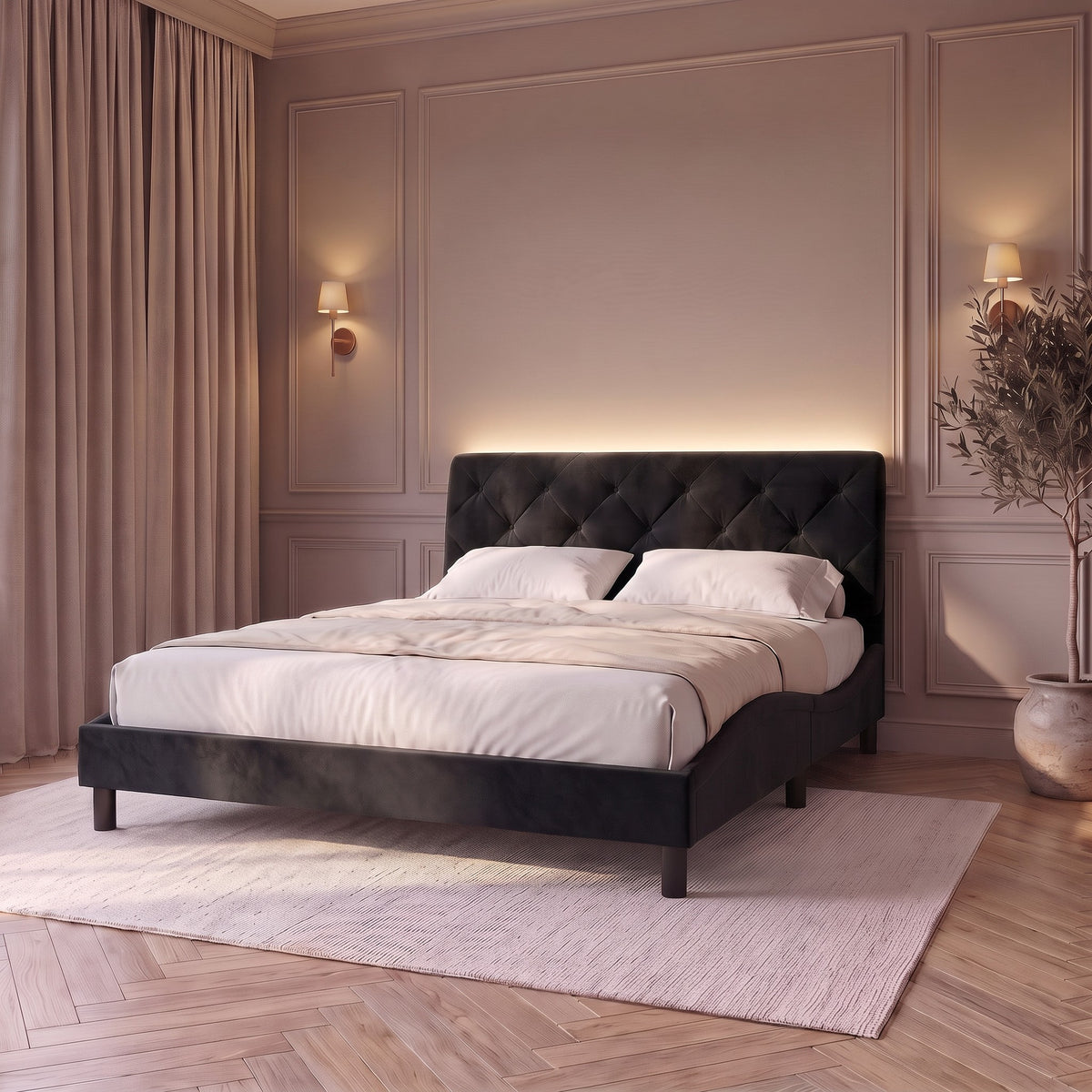 Sommier en velours avec éclairage LED noir, chambre de nuit avec la LED du haut de la tête de lit allumée