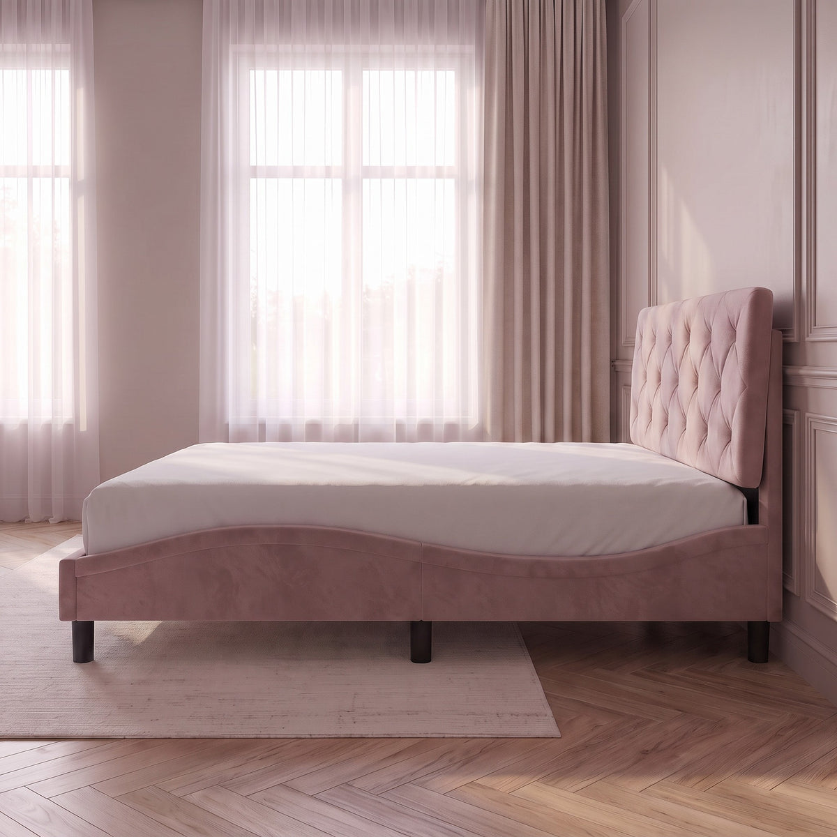Sommier en velours avec éclairage LED rose, vue de côté
