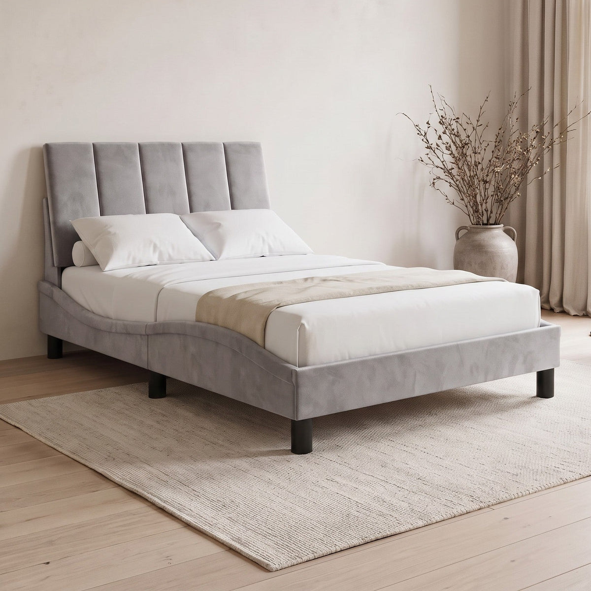 Sommier en velours avec LED, tête de lit fine, gris clair, chambre de jour