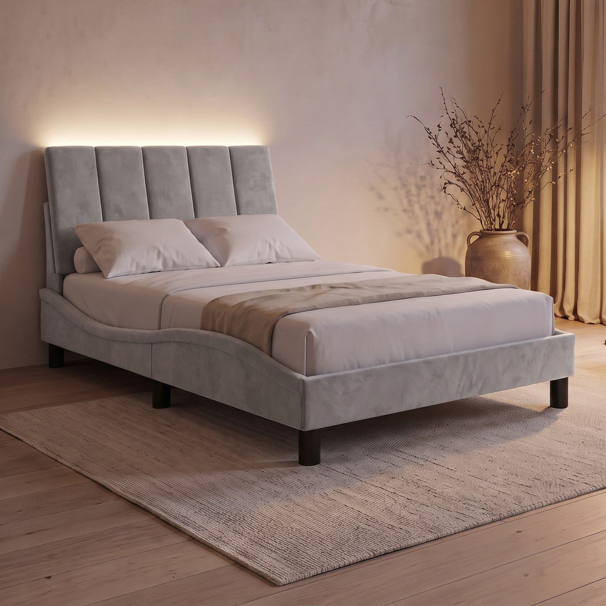 Sommier en velours avec LED, tête de lit fine, gris clair, chambre de nuit
